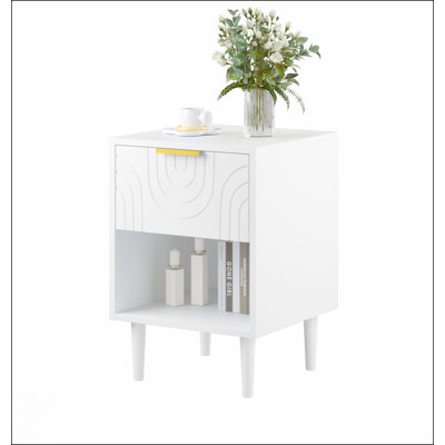 Modern Nightstand With Drawer And Open Shelf, Gold Accents, Ideal For Stylish Bedroom Storage Solutions