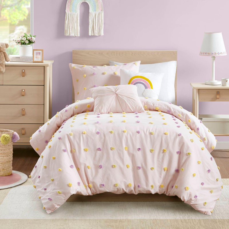 4PCS Twin/Twin XL Cotton Jacquard Pom Pom Comforter Set, Twin Comforter + 3 Additional Pieces