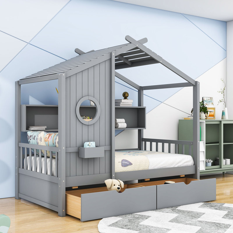 Alakai 2 Drawers Wood Platform Bed with Shelves, Twin, Grey