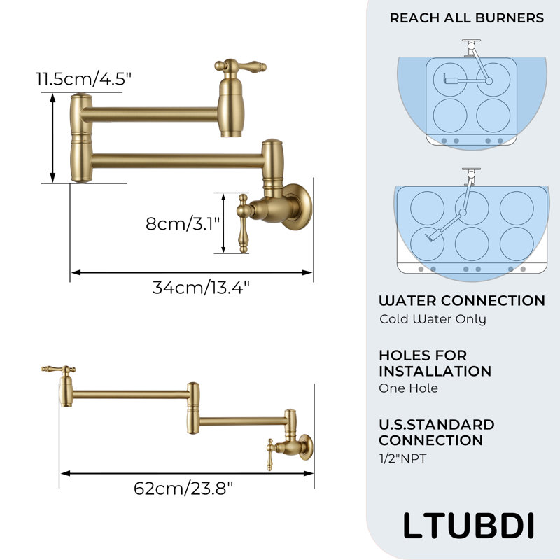 Wall Mount Pot Filler Kitchen Faucet, Single Handle Kitchen Faucets, Brushed Gold
