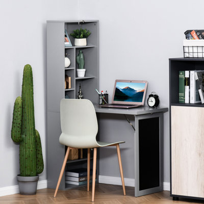 Grey Workstation With Foldable Function And Blackboard - Side Shelf Included Convertible Desk Cabinet Writing Unit