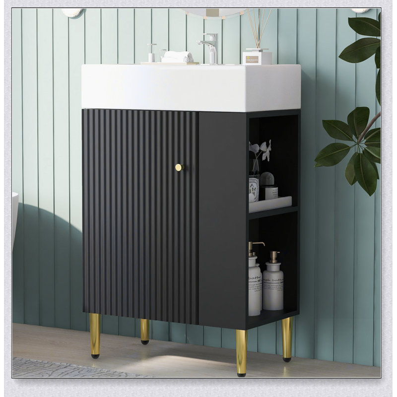 Meuble-lavabo 21,6 po, armoire combinée, meuble de rangement pour salle de bain, lavabo simple en céramique, rangement sur le côté droit