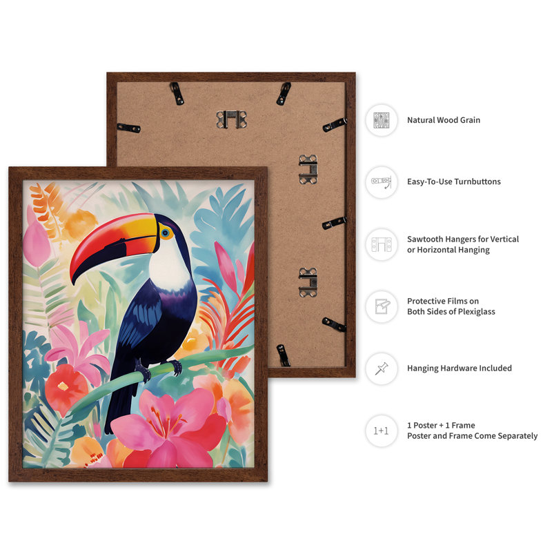 Toucan aquarelle, H 24 po x l 32 po, Affiche, Encadrement brun