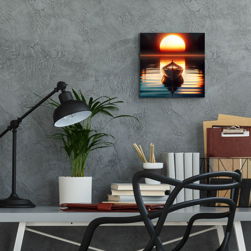  «Row Boat At Sunrise» par Rey Klimt, art mural en verre acrylique, 24 po x 24 po, H 12 po x l 12 po x P 0,13 po