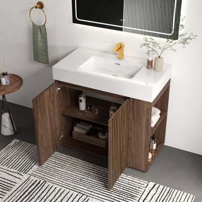 Meuble-lavabo autoportant en noyer de 36 po avec meuble-lavabo à une pièce avec lavabo en quartz blanc sans drain et robinet, KD