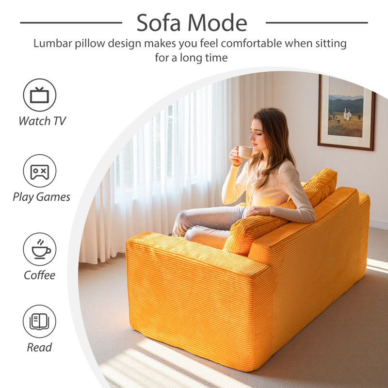 Canapé Bean Bag, causeuse de plancher, Velours côtelé orange, H 29,5 po x l 55,5 po x P 32 po