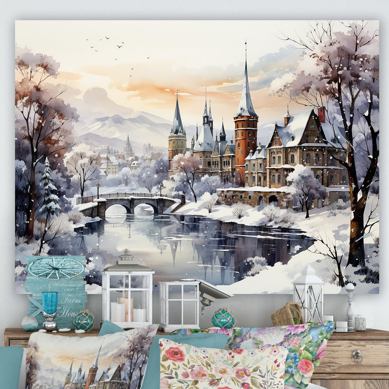 «Europe Village Winter Landscape», art mural paysage d'hiver, Toile tendue, H 16 po x l 32 po x P 1 po