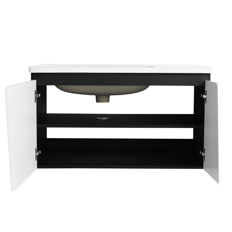 Meuble-lavabo flottant 36 po avec lavabo en céramique. Porte à fermeture en douceur avantageuse. Décoration moderne. Contreplaqué. Porte de lavabo blanche et noire avec choix de coiffeuse. Appareil. Rangement pratique. Contreplaqué