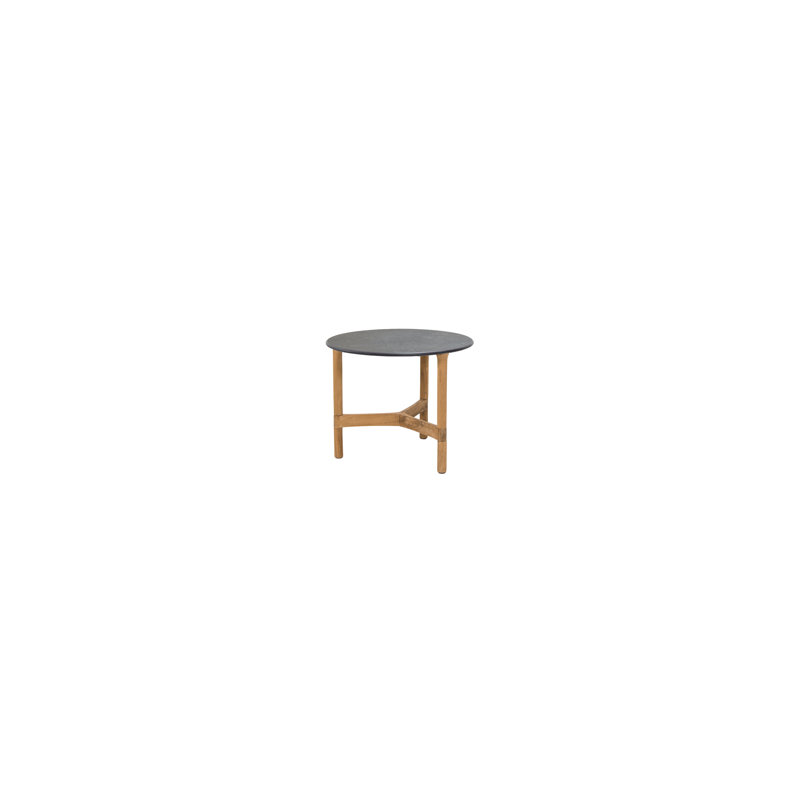 Twist Outdoor Round Teak Coffee Table, Ceramic Travertine, 17.8"