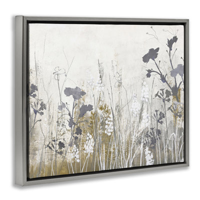 Grey Flower Silhouettes Framed Floater Canvas Wall Art by Design Fabrikken