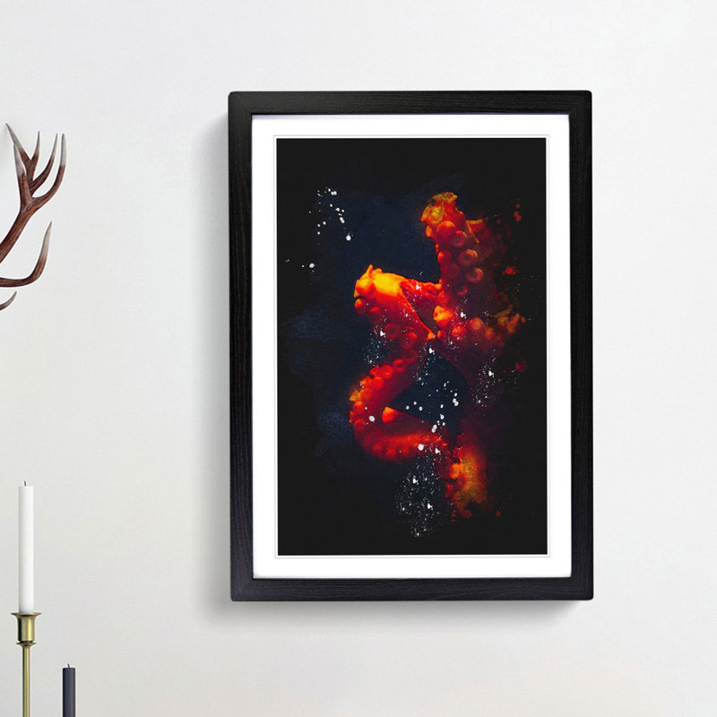 Red Octopus - Picture Frame Graphic Art Print, 45cm H x 33cm W x 2cm D, Black Framed