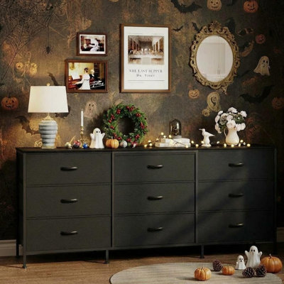63 Inch Dresser TV Stand with 9 Fabric Drawers, Large Storage Chest for Bedroom Closet, Wide Entertainment Center for 55 65 75 Inch TV, Metal Frame & Particle Board Top
