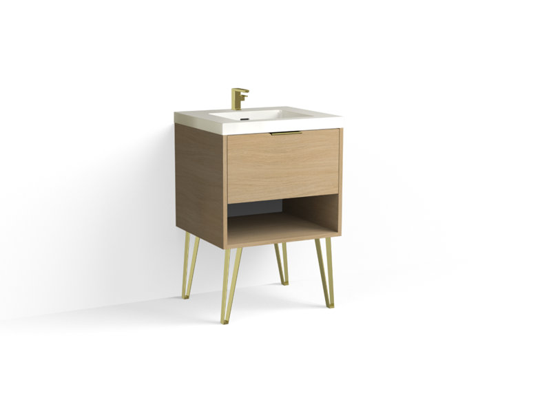 Modo 24" W Freestanding Single Bathroom Vanity with Dawson Leg, Gloss White/Single, Biondo, Satin Brass