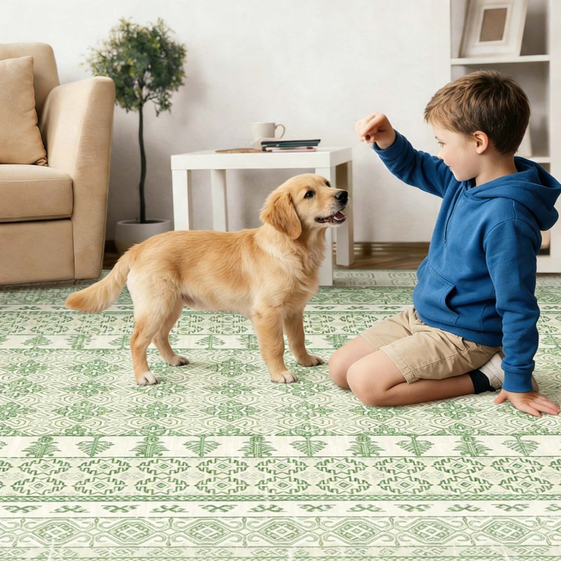 Tapis à bordure géométrique lavable à la machine, 9 x 12 pi, Vert