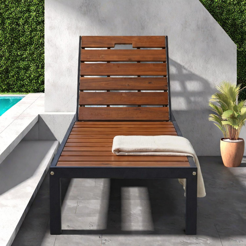 Chaise longue d'extérieur avec dossier réglable pour patio ou bord de piscine, design durable et élégant, Noir / bois brun