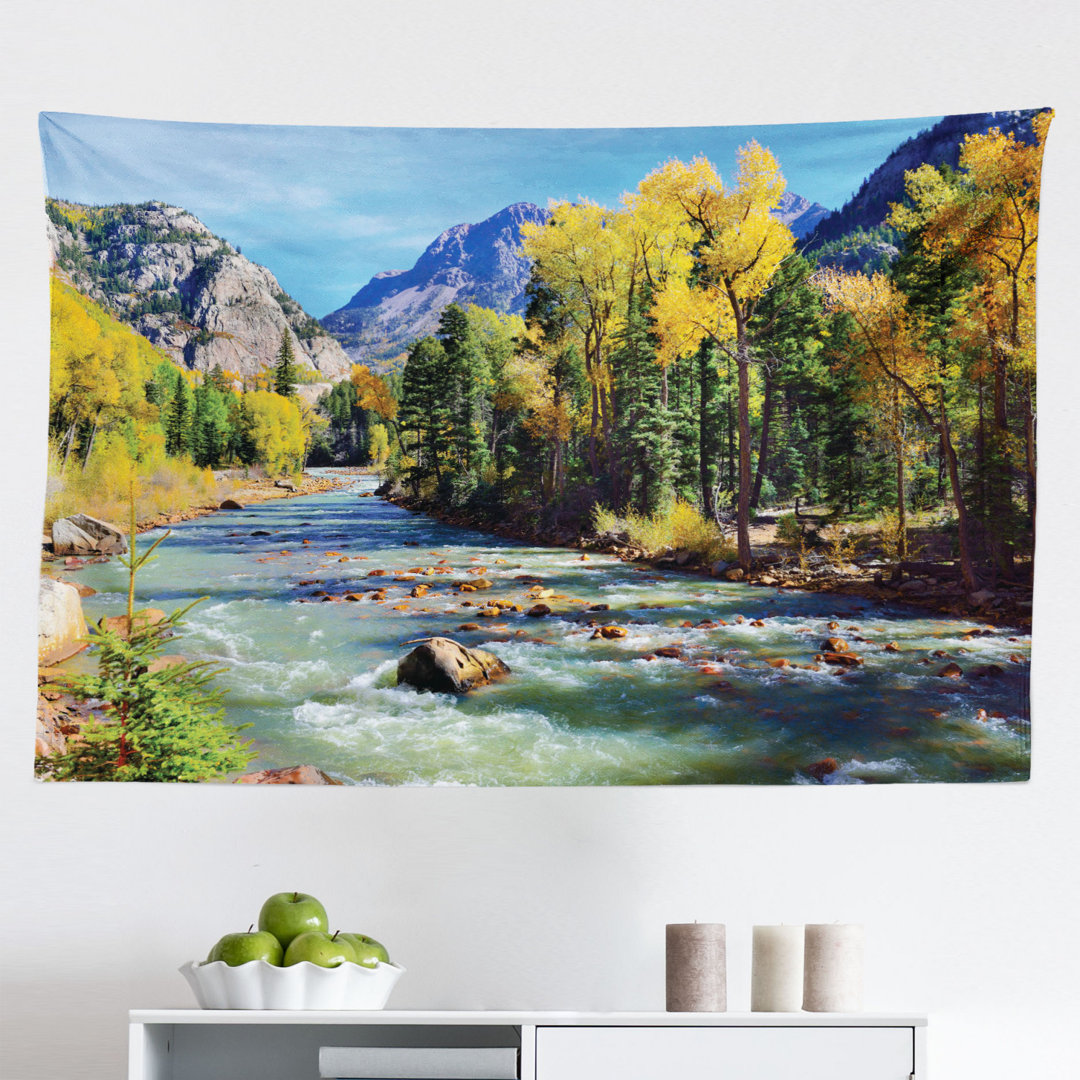 Wandbehang Berge von Colorado mit Wald und Fluss Sommer Laub Idyllisches Foto