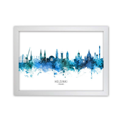 Helsinki Finland Skyline Blue City Name by Michael Tompsett - Print