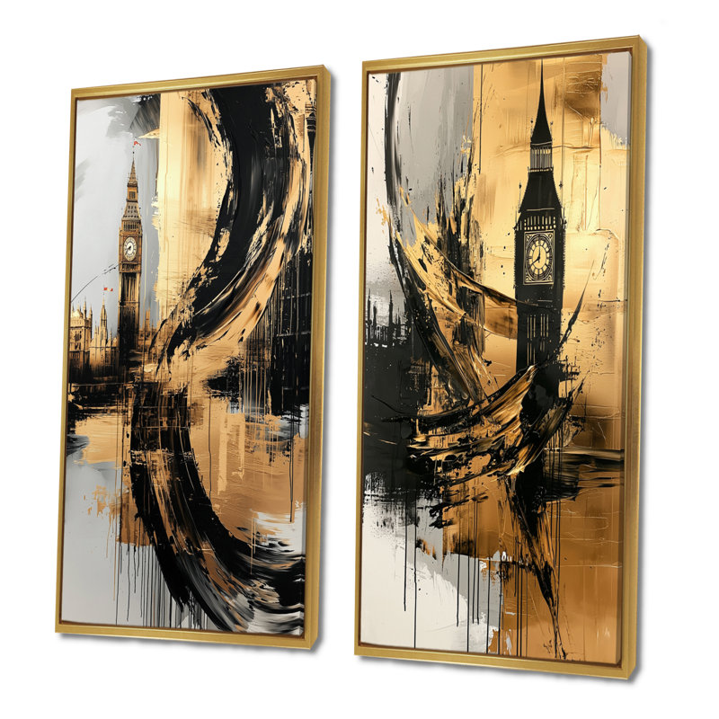 Big Ben Glow In England III - Collection d'art mural 2 panneaux, H 28 po x l 25 po, Impression encadrée flottante, Or