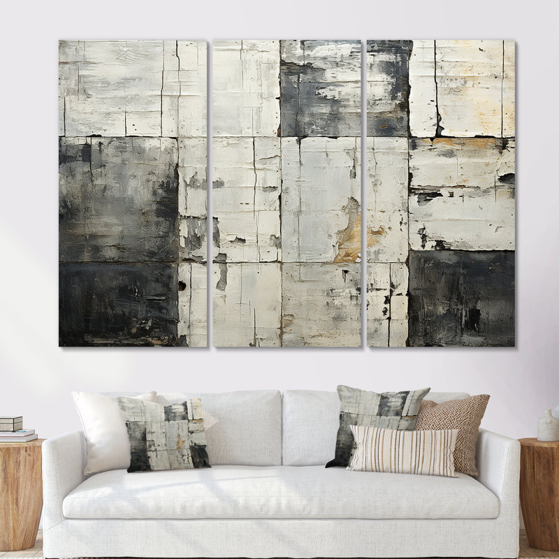 Carreau abstrait géométrique blanc et gris II - mosaïque boho, Toile tendue, H 40 po x l 61 po x P 1 po