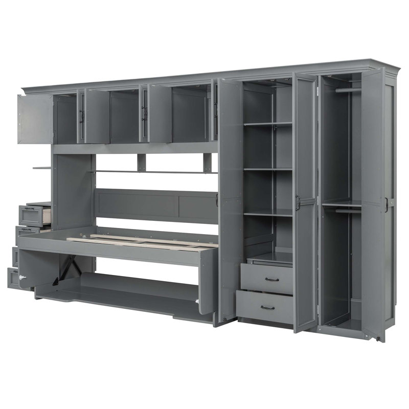 Lit escamotable mural avec garde-robe, armoire et bureau Murphy, gris