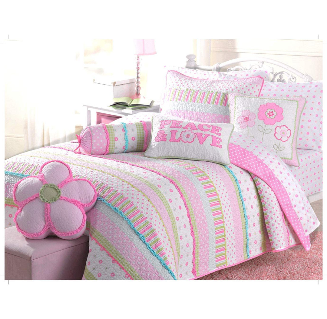 Pink/Green/Blue Reversible Quilt Set Cozy Line Home Fashion 