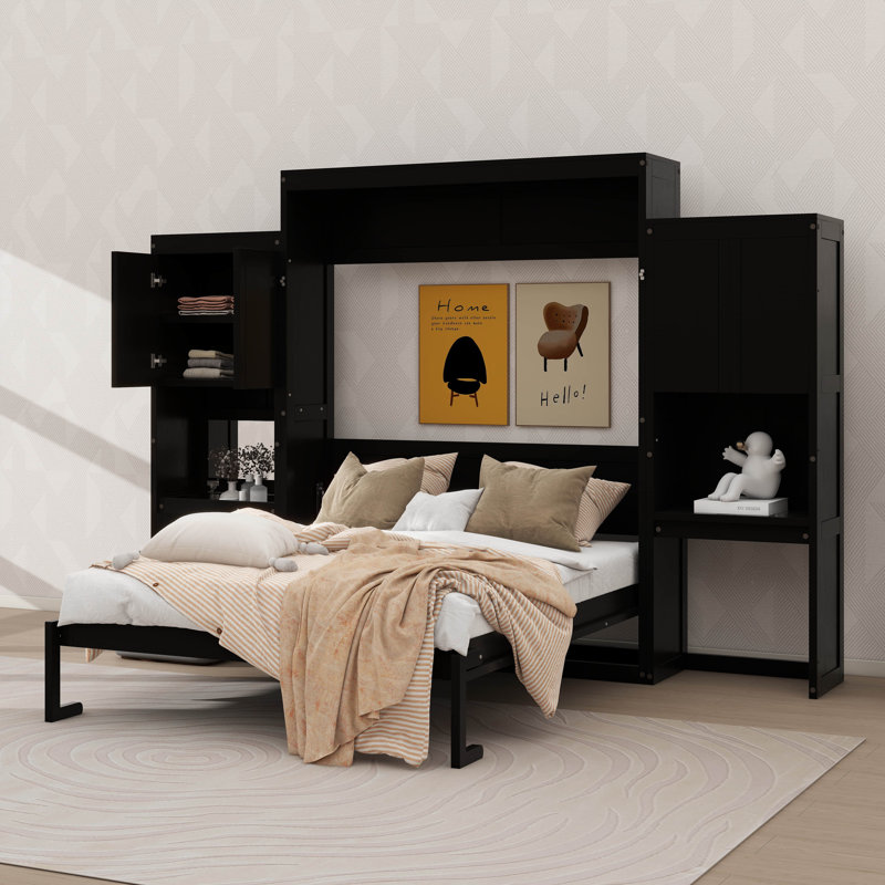 Grand lit escamotable avec bureau, coiffeuse et armoires de rangement, Espresso