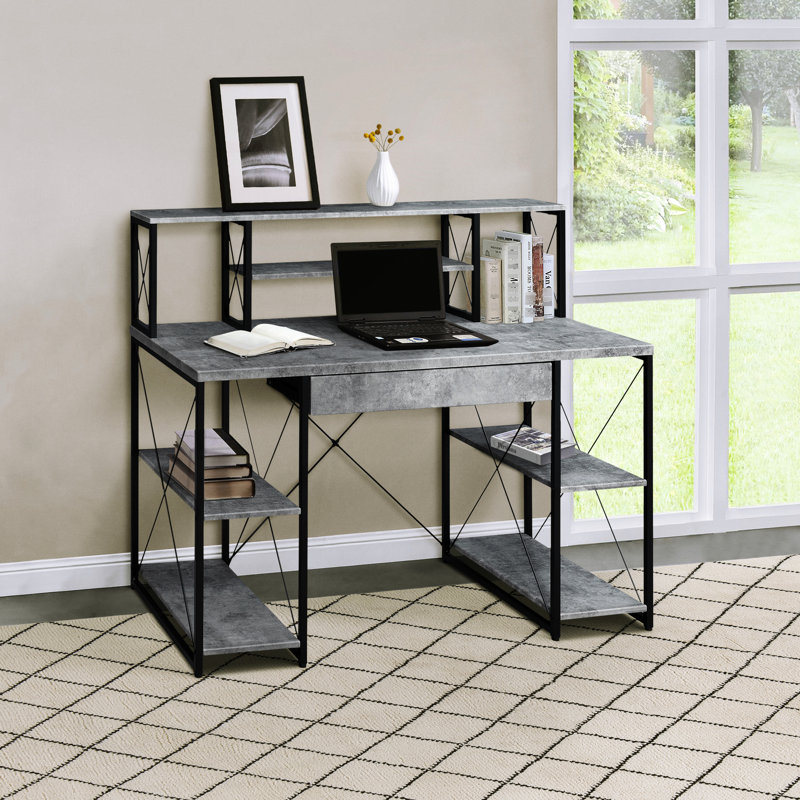 Bureau gris et noir avec métal en bois - élégant pour les espaces de travail, 42.39" H x 47.5" W x 24.5" D, Grey/Black