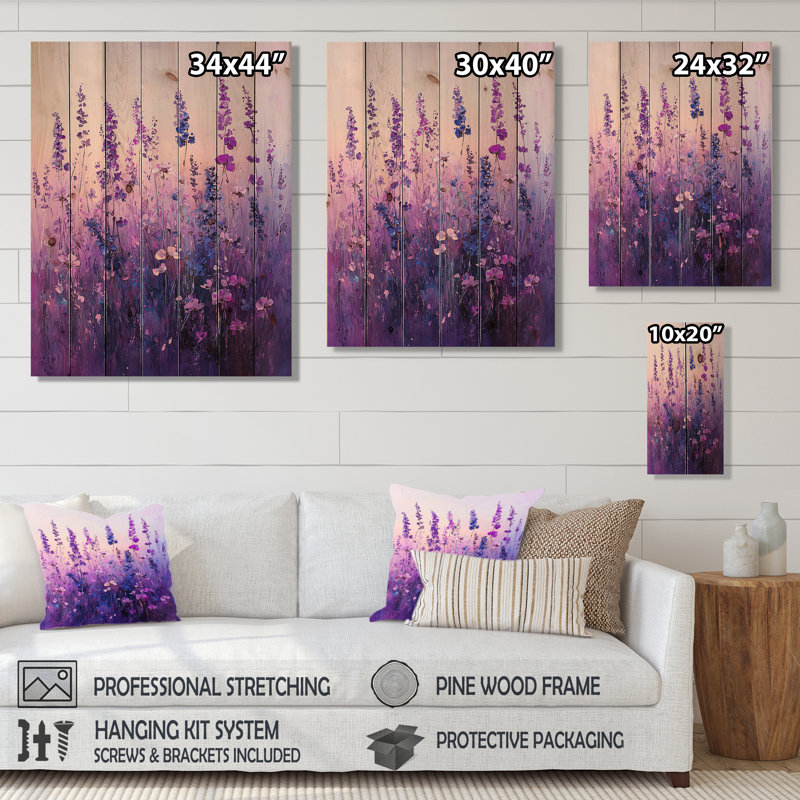 Wildflower Dreams In Violet Surrealism II - Wildflowers Wood Wall Art - On Natural Pine Wood, 20" H x 10" W x 0.78" D