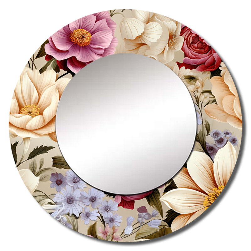 Motif botanique de bouquet de printemps - décor de miroir mural floral unique, grand chalet rond, art imprimé en métal