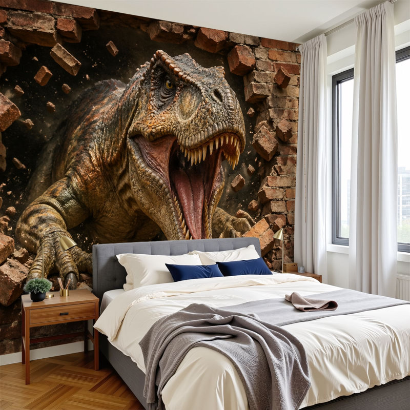 Papier peint adhésif pelez et collez T Rex Dinosaur Breaking Brick Wall Explosive Action Wall Art Auto-adhésif et amovible