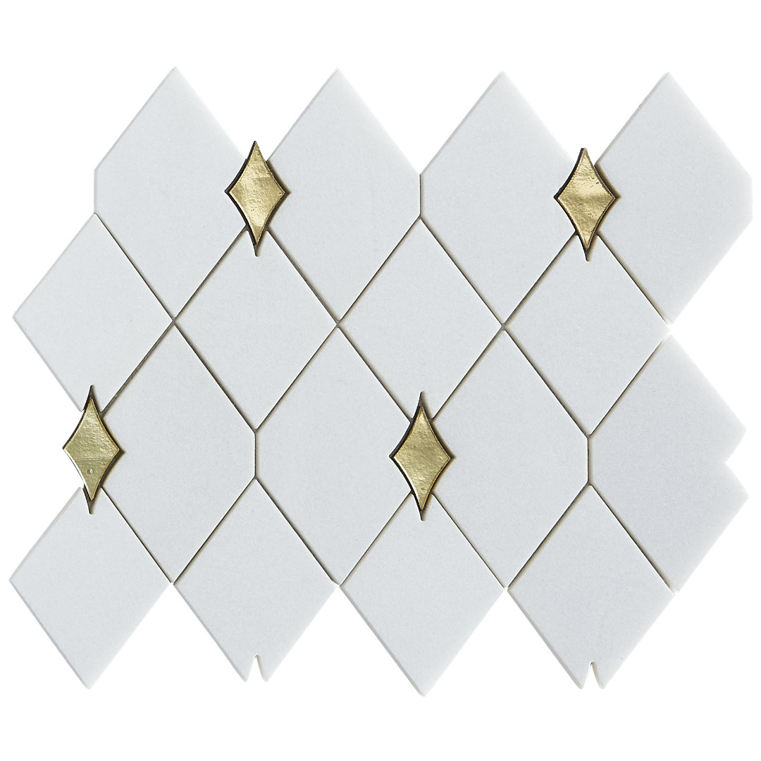 Water Jet 3" x 3.5" Thassos White Marble with Gold Glass Diamond  Novelty Mosaic Wall & Floor Tile (Set of 10) ES Stone