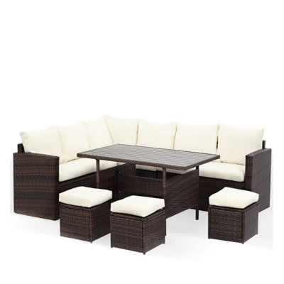 Ensemble repas extérieur, 7 ou 9 places, coussins beiges, poufs et table rectangulaire pour réceptions en terrasse, 9 modules pour rassemblements