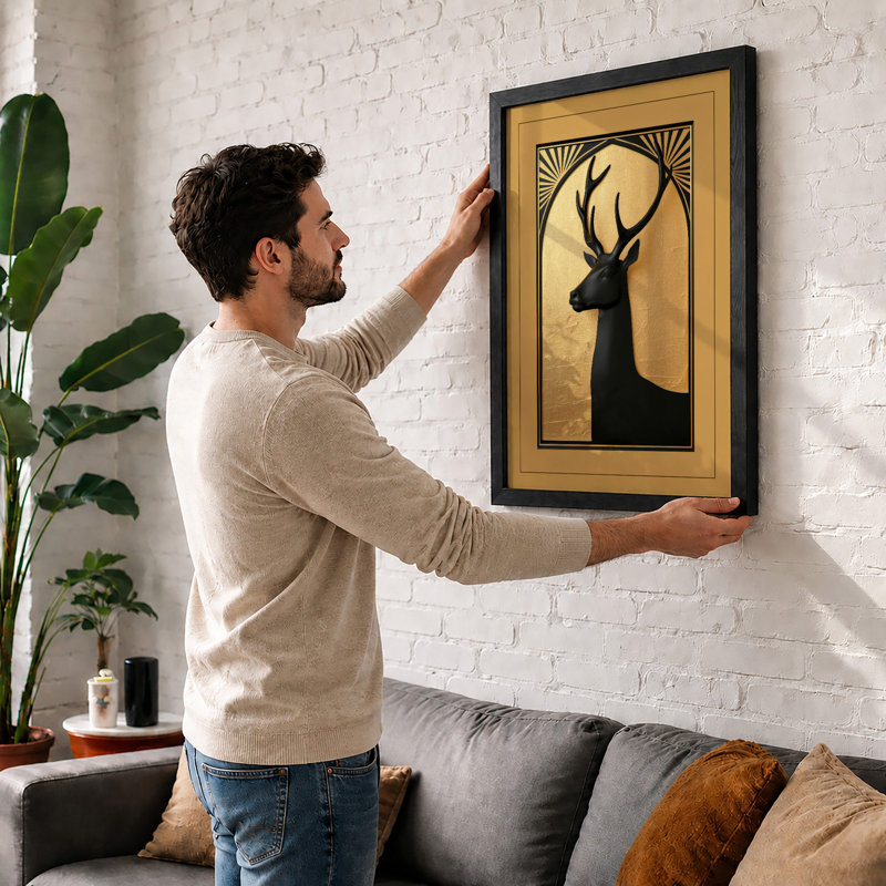 Deer in Gold Art Deco - Framed Print, A3 - 42.0 x 29.7 cm, Walnut