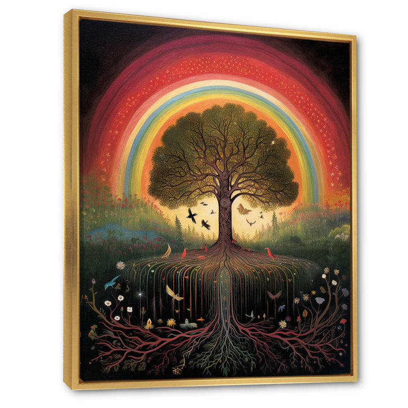 " Tree Of Life Rainbow Retro Illustration ", 40" H x 30" W x 1.5" D, Gold Floater Framed