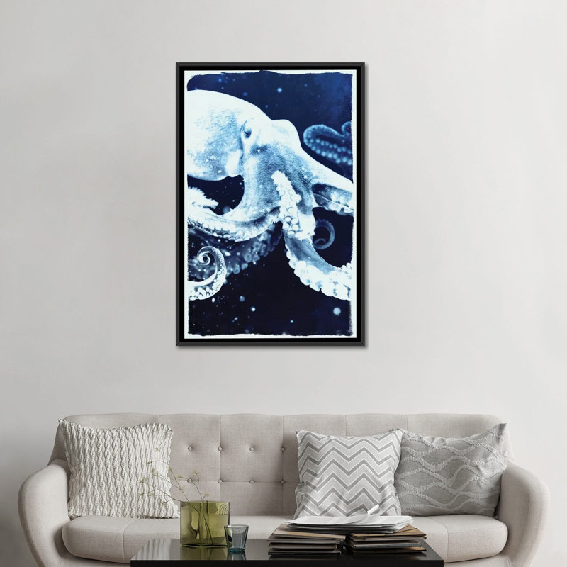 «Indigo Octopus», reproduction sur toile, H 26 po x l 18 po x P 1,5 po, Toile avec cadre noir, Pas de tapis