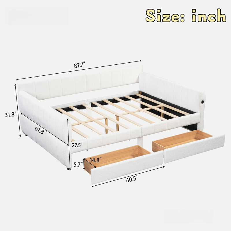 Elegant Upholstered Platform Bed With Usb Ports And 2 Drawers, White