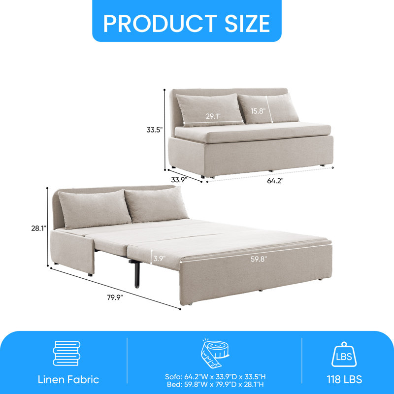 Armless Convertible Sofa Bed with Reversible Chaise & Linen Fabric, Beige