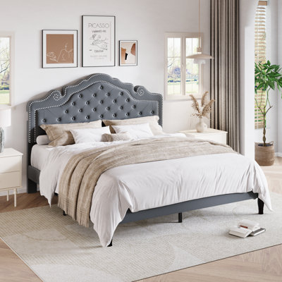 Antonious Velvet Tufted Crown-Shaped Headboard Platform Bed，3-Level Adjustable Height ,No Box Spring Needed,Underbed Storage,Queen Size,Grey