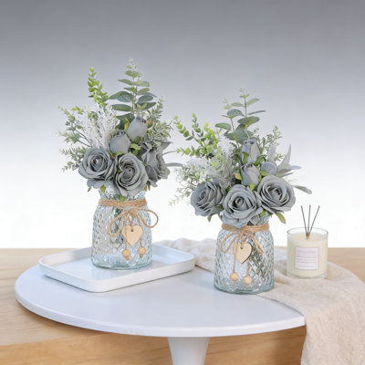 Artificial Silk Flower Arrangement In Vase With Eucalyptus, Handcrafted Floral Centerpiece For Home Office Farmhouse Table Decor