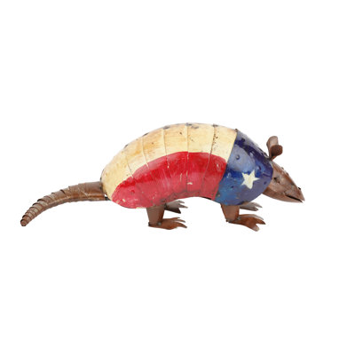 16" Red Off White And Blue Metal Armadillo Tabletop Sculpture