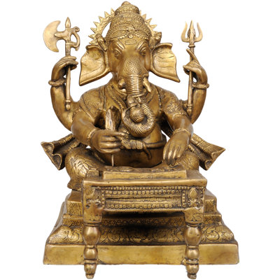 Handmade 18" Brass Lord Ganesha Writing Mahabharata – Large Hindu Sculpture for Home, Temple, Study & Premium Gift Décor