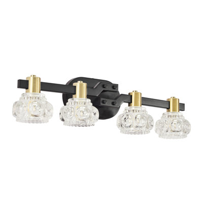4 - Applique murale en cristal, fer noir, éclairage rétro pour la salle de bain et le couloir, écoénergétique, facile à installer, 4 lumières de style rétro, abat-jour en cristal, mat + doré, comptoir de meuble-lavabo, économie, installation