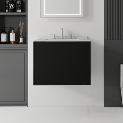 Meuble-lavabo flottant avec lavabo, porte à fermeture douce, comptoir et dosseret en marbre de culture blanc granit, contreplaqué