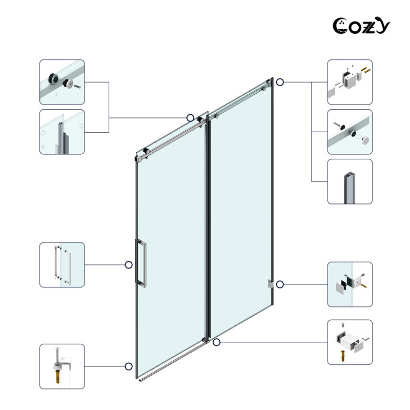 56-61" W x 60" H Frameless Single Sliding Tub Door with 3/8" (10mm) Clear Tempered Glass, Shatter-Resistant Film & Installation Hole Locator - Square Top Rail