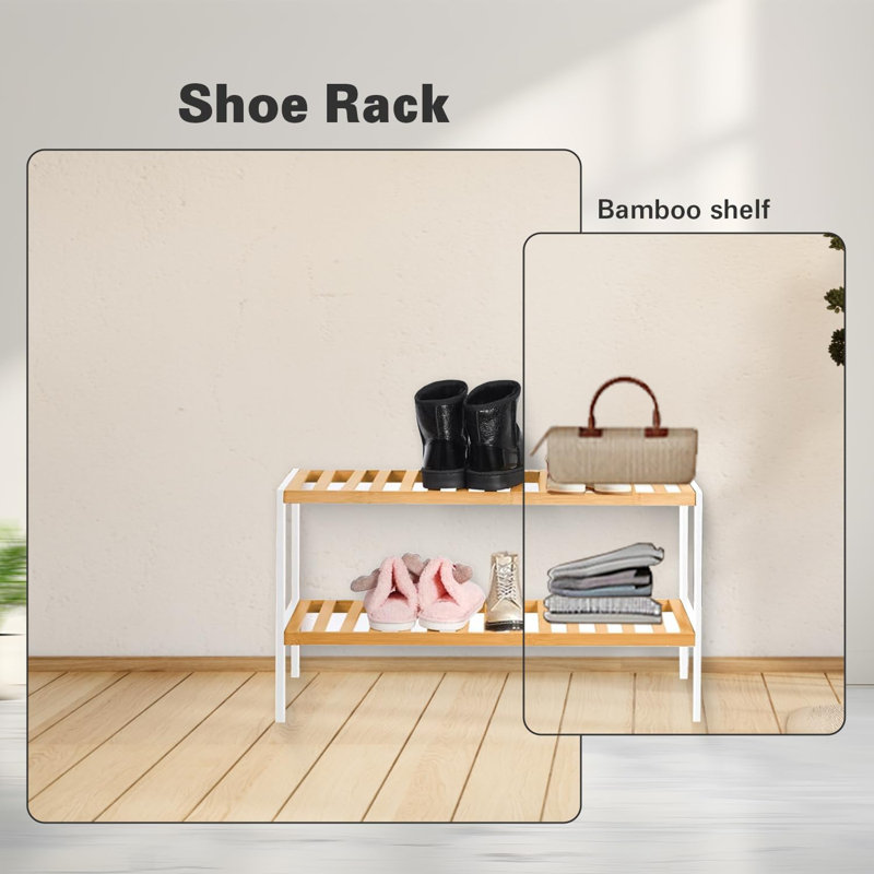 MantraRaj 2 Tier Natural Bamboo Shoe Rack Easy Assembly Strong Shelf Organiser 8 Pair Shoe Storage