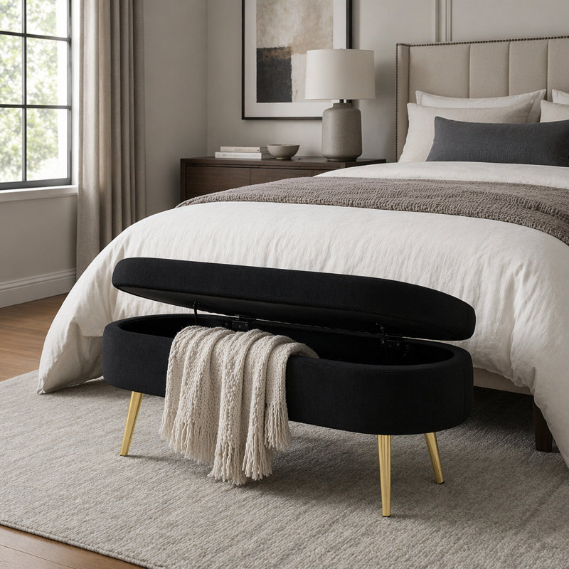 Banc de rangement repose-pieds ovale en flanelle avec pieds en métal robustes pour un décor moderne et élégant, Black