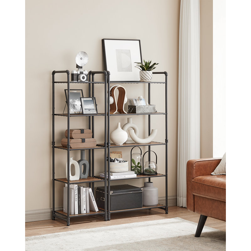 Aliha 129.5cm H Metal Standard Bookcase, Black/Brown, (5 Shelves) 129.5cm H x 39.5cm W x 31cm D