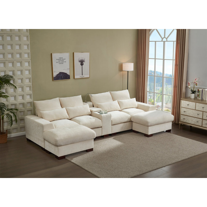 Modern Sectional Sofa Couch With Console, Beige Fabric