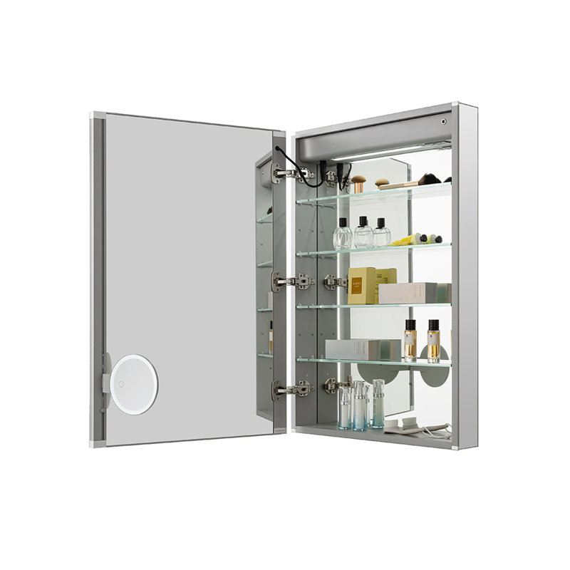 Armoire à pharmacie à DEL avec désembueur, l 24 po x H 40 po x P 5 po Osher, prises électriques, horloge numérique, gradateur, miroir grossissant 3X à DEL réglable