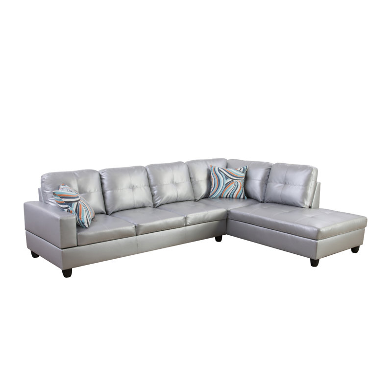 Bawan Faux Leather L-Shaped Sectional, Right Hand Facing, Silver/White Faux Leather